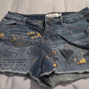 Torrid Blue and Gold Distressed Jean Shorts